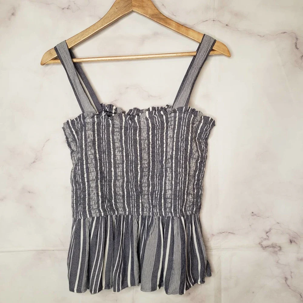 LOFT blue white stripe smocked ruffle tank top M - Picture 1 of 8